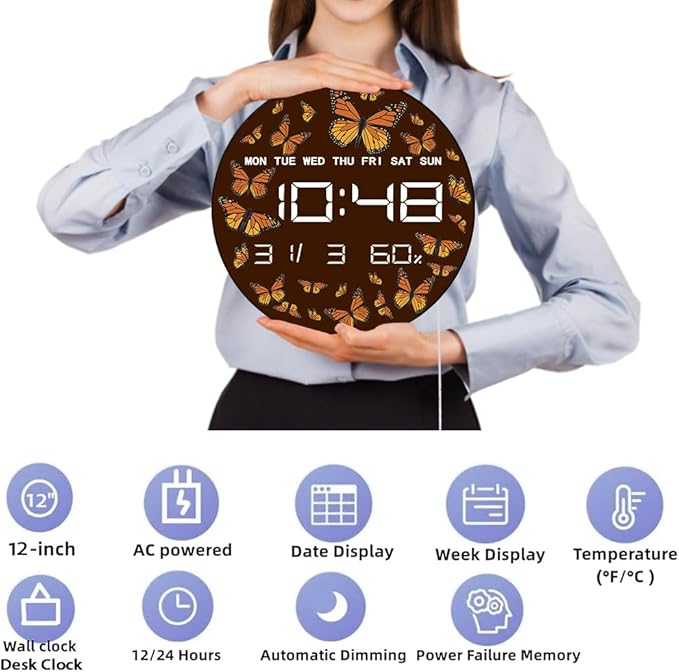 Timethink 12 Inch Butterfly Digital Wall Clock Large Display, Monarch Butterflies Entomology Nature Insect Electric Wall Clock with Temperature, Smart Dimming, Date, 12/24hr, Plug in LED for Kitchen
