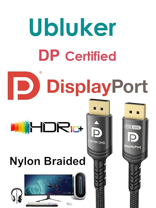Ubluker 10K 8K DisplayPort 2.1 Cable 54Gbps 13 FT, Certified DP to DP Cord 4K 240Hz 165Hz 144Hz 120Hz 10K 8K 120Hz Nylon Braided UHBR HDCP2.3 FreeSync G-Sync RTX5090 Gaming Monitor PC Projector