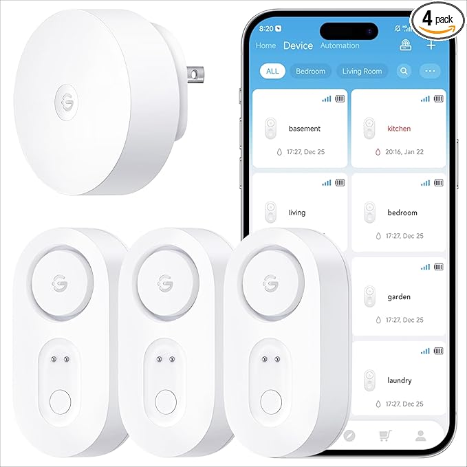 GoveeLife Upgraded Smart Water Leak Detector 1s with 1804ft Ultra-Long Range, WiFi Water Sensor with SMS/Email/APP Push and Sound Alarm, 5-Year Battery Life, Suit for Home, Basement, Kitchen, 3 Pack