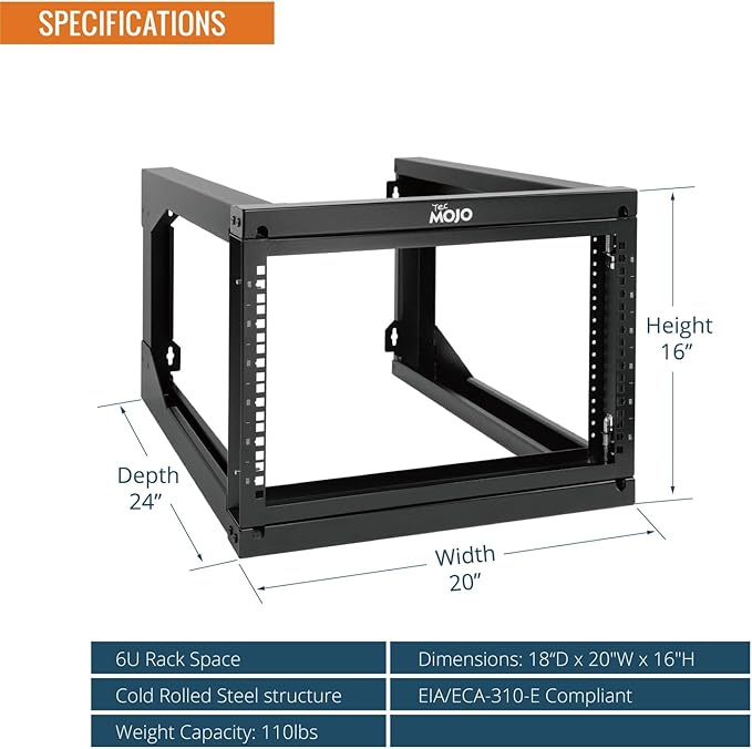 Tecmojo 6U Wall Mount Server Rack Swing Gate, 19in Computer/AV/Data/IT/Media Equipment, Black, Cold Rolled Steel, 24in Depth, Square&Tapped Holes