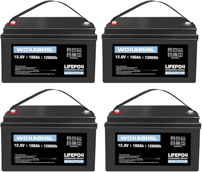 WOXABHSL 4 PCS 12V 100AH Lifepo4 Lithium Battery Up to 15000+ Deep Cycles, Buit in 100A BMS Perfect for Trolling Motors, Boat, Marine, Rv, Solar