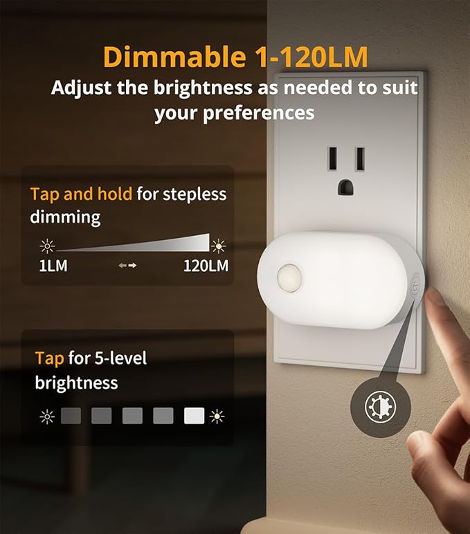 Lyridz Plug in Night Light with Motion Sensor, Smart Cool White LED Nightlights with 1-120LM Stepless Adjustable Brightness for Bathroom, Bedroom, Kitchen, Stairs, Hallway, 6 Pack