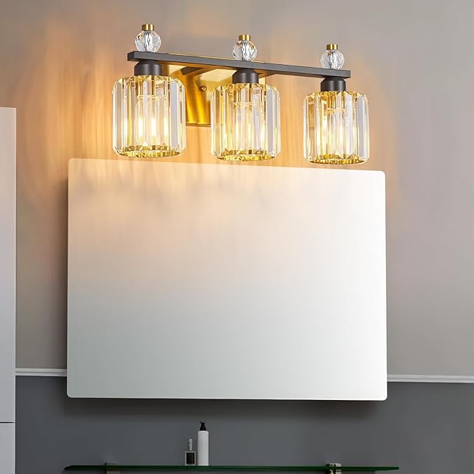 FDPBY Bathroom Vanity Lights 3-Light Sand Black Gold Modern Crystal Vanity Light Fixtures Over Mirror Crystal Bathroom Vanity Lighting Fixtures