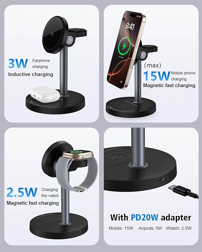 3 in 1 Wireless Charging Station for Apple Magsafe Charger Stand,15W Fast Magnetic Charging Station for iPhone 17 Air 16 15 14 13 12 11 Series, Watch Ultra & AirPods Apple Devices, Cell Phone Dock