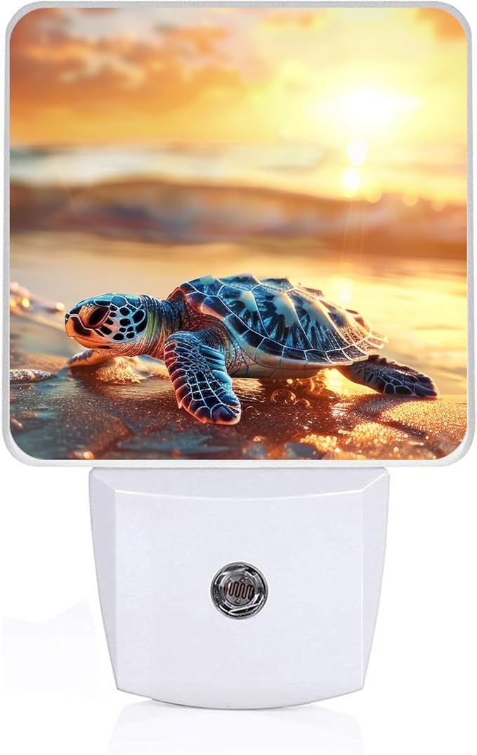 GANTINIR Sea Turtle Beach Sunrise Night Light, Plug-into Nightlight White LED Lamp, Energy Efficient Decor Desk Lamp for Bedroom Hallway Stairs Bathroom