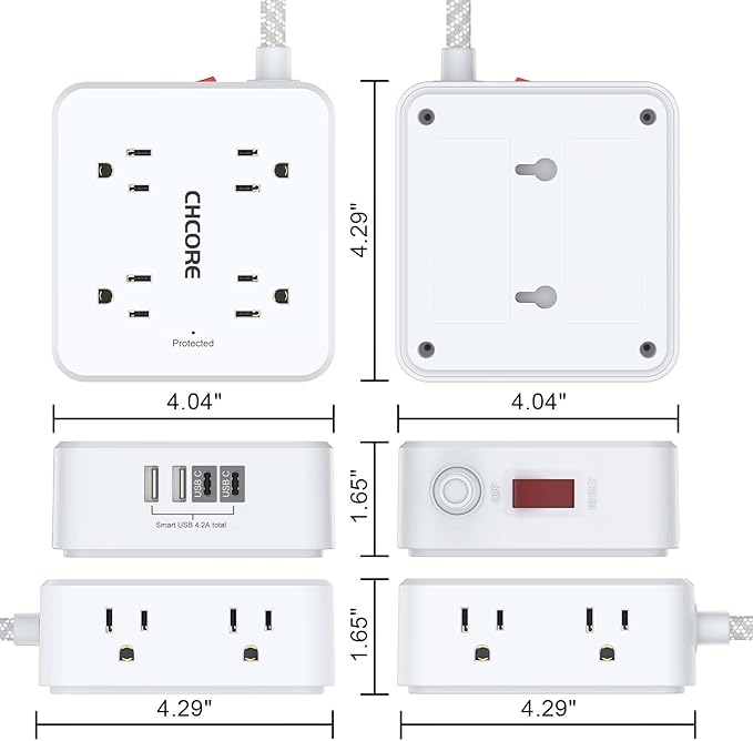 Surge Protector Power Strip - CHCORE 6Ft Braided Extension Cord with 8 Outlets with 4 USB (2 USB C) Charging Ports, Flat Plug Multi Plug Outlet Extender Charging Station for Home Office, ETL, White