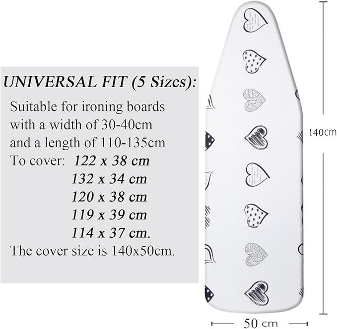 Yizunnu Ironing Board Cover and Pad,19x55 inch Extra Large and Thick Padding,Stain Resistant Heat Resistant Cotton Padding,Elastic Edge and Hook and Loop Adjustable Fastener(Heart)