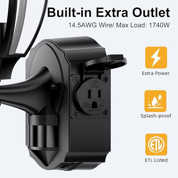 2 Pack Porch Lights Outdoor with Outlet, Motion Sensor Outdoor Wall Lights, Updated Dusk to Dawn Exterior Lighting Fixtures Waterproof Anti-Rust Aluminum Outside for House Entryway Garage, Black