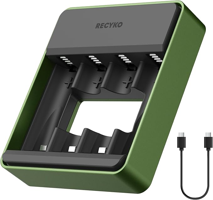 RECYKO AA AAA NiMH Battery Charger, 4 Individual Bay Charger for Nickel Metal Hydride Rechargeable Batteries, Type-C Connection, PD Compatible, Fast 1-Hour Charging, Safety Protection & Auto Cut-Off