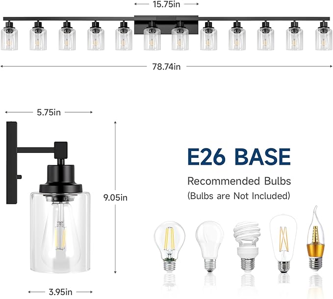 DIKAIDA 12 Light Bathroom Light Fixtures, Black Bathroom Lighting Fixtures Over Mirror Matte Black Modern Vanity Lights Wall Lighting for Mirror Bedroom, Living Room (78.7inch)