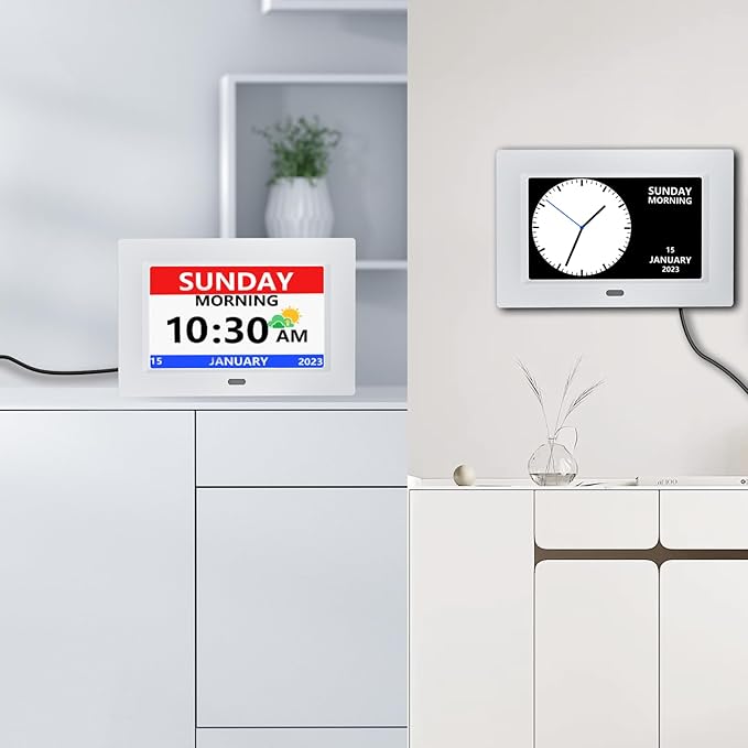 MRCHYDZ 7 Inch Clock with Day and Date for Elderly Large Display Digital Clocks 12 Alarm 3 Display Modes Large Font Alzheimer's Clock Alarm Clocks for Seniors Auto DST White