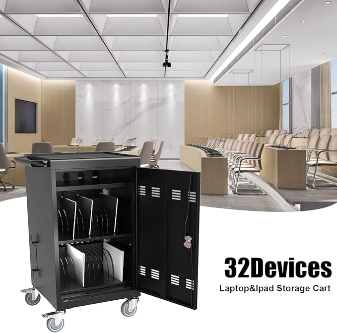 TIOPLY Laptop Charging Cart, 32 Device Tablet Storage Carts for iPad Up to 16.3" Screen Size, Mobile Charging Station for Classroom, with Cord Organizer, Front and Back Access Locking Cabinet Black