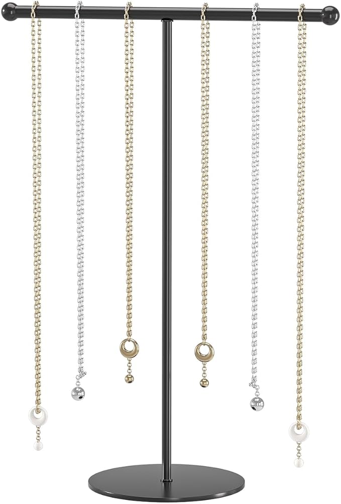 Justsoso Metal T-Bar Necklace Holder Stand, Necklace Hanging Display Stand, Tabletop Jewelry Organizer Stand for Necklace Bracelet Earring Display (Black With Metal Base)