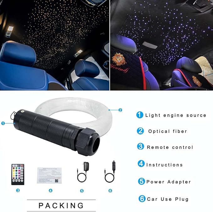 AZIMOM Car Use Bluetooth 6W RGBW LED Fiber Optic Lights Star Ceiling Light Kit APP Remote Controller Mixed 295pcs 9.8ft Optic Cable Music Mode Sensory Lighting Indoor Home Interior Decoration