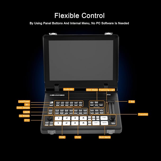 MOVMAGIC MF10 10.1 Inch 5CH Video Mixer with 2HDMI(4K60P) Input,PTZ,8-Layer Editing,Landscape & Portrait,Recording & Replay,USB 3.1,Video switcher for Live Streaming NDI(Optional) Upgradable