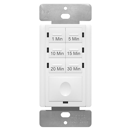 ENERLITES 30-Minute No Neutral Countdown Timer Switch, 1-5-10-15-20-30 Min, for Bathroom Fans, Heaters, Lights, 120VAC 800W, UL Listed, HET06A-J-W, White