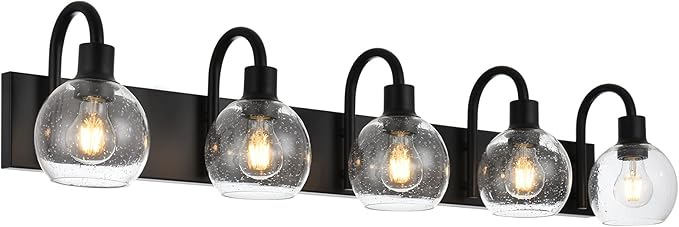 WINSHEN Bathroom Light Fixtures 5-Lights Matte Black Farmhouse Vanity Lighting with Seeded Globe Glass for Over Mirror