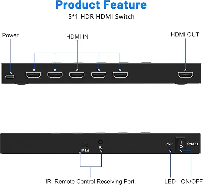 4K@60Hz 5 in 1 Out HDMI Switch, 5 Port HDMI Switcher Selector Support HDR10 & HDCP 2.2 & Full 3D with IR Remote Control and ON/Off Switch for Nintendo Switch,Xbox PS5/PS4,Fire Stick,Roku,Apple TV