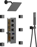 KATAIS Matte Black Tempreature Display Shower System with 6 PCS Body Jet, 8 inch Wall Mount Shower Head and Handheld Spray