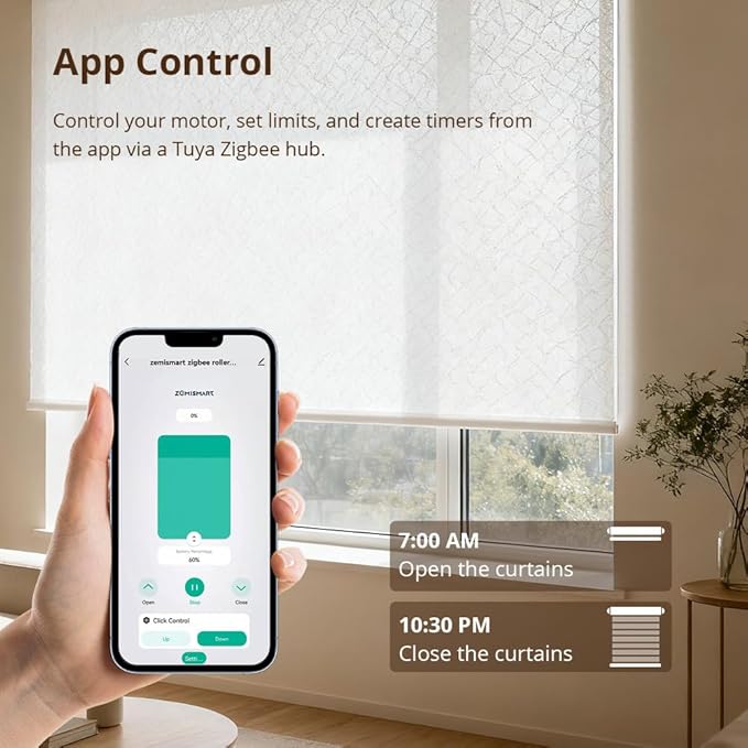 Blindsmart Rechargeable Tuya Zigbee Roller Blinds Motor for 38mm Tube, Motorized Window Shades Automatic Blinds Curtain Opener APP Control, Zigbee Hub Required (Only Motor + Solar Pannel)