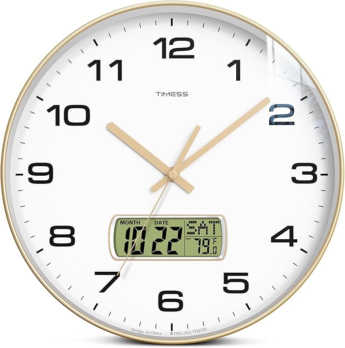 TIMESS Wall Clock, 12" Dial Non-Ticking Silent Battery Operated Analog with LCD Display for Perpetual Calendar and F° Temperature, Ideal Modern Home, Bedroom, Kitchen, Office Decor (Gold)