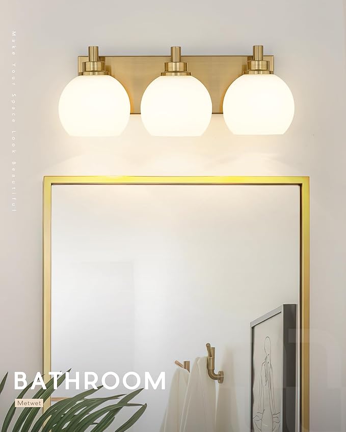 METWET Bathroom Light Fixtures, 3-Light Brushed Gold Vanity Light, Modern Wall Sconces with Milk White Globe Glass Shade, Vanity Lighting Fixtures Over Mirror, VL195-BG-ML-3