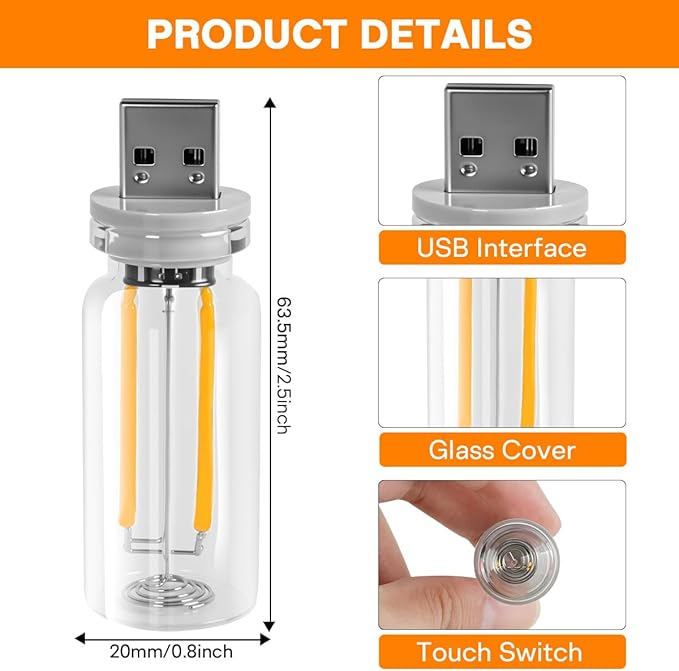 2PCS USB Lights, Retro Automotive Atmosphere Decor Lamp, Car Interior Touch Adjustment Lights, Mini Glass Bottle LED Bulb Night Light for Vehicle Bedroom Hallway, Camping, Holiday (Warm White)