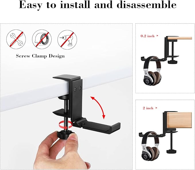 NCHONHONG Headphone Holder Under Desk Hook with Cable Organizer, Foldable Aluminum Headset Mount, Space-Saving Hanger for Most Headphones