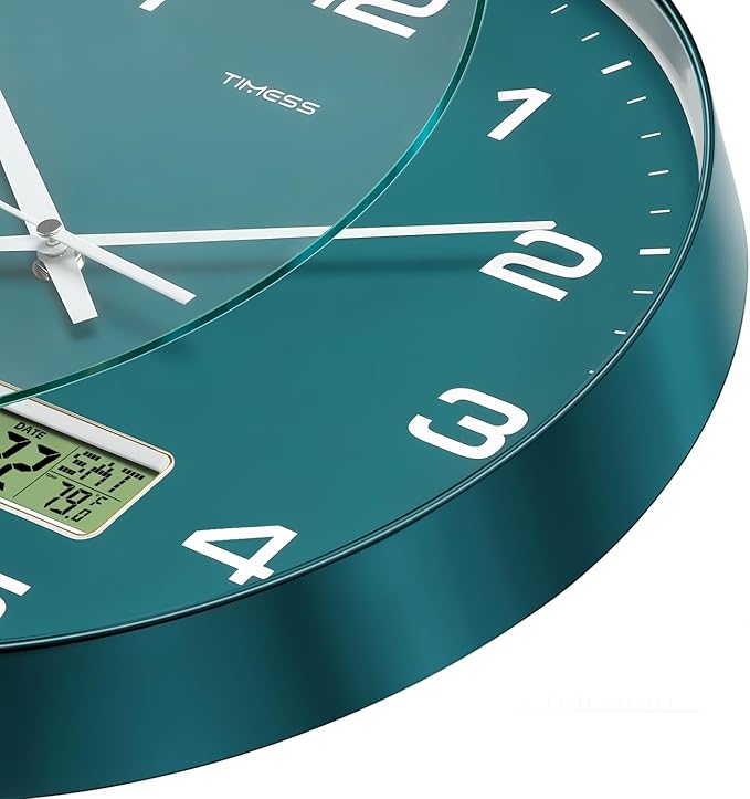 TIMESS Wall Clock, 12" Dial Non-Ticking Silent Battery Operated Analog with LCD Display for Perpetual Calendar and F° Temperature, Ideal Modern Home, Bedroom, Kitchen, Office Decor (Green)