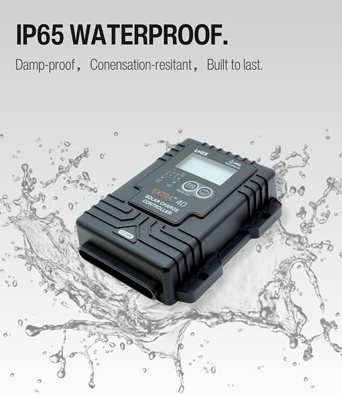 LNEX Solar Charge Controller Waterproof, 40A Solar Panel Regulator with Temp Sensor,Backlit LCD, 12V/24V PWM Solar Controller for LiFePO4,AGM, Gel, Flooded and Lithium Battery