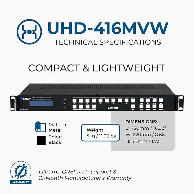 OREI 4K 4x16 HDMI Matrix Video Wall Controller Processor Multiviewer Display Upto 4K 60hz 4x4, 2x1, 1x2, 1x3, 1x4 Supports 180 Degree Rotate Audio Extraction (UHD-416MVW)