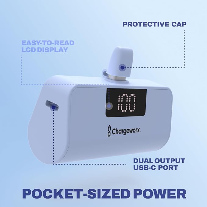 CHARGEWORX Mini Portable Charger Power Bank with Built-in Lightning Output, 5,000 mAh Power Bank with Fast-Charge Dual Output, Pass-Through Charging, LCD Display, Compact Design, Coral Blue