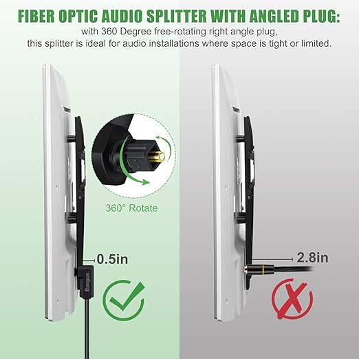 Bangun 90 Degree Optical Audio Splitter 1 in 2 Out Cable, Digital Toslink Fiber Optical Splitter Audio Adapter Cable (1 Male Input 2 Male Output) for TV, Soundbar, 10ft