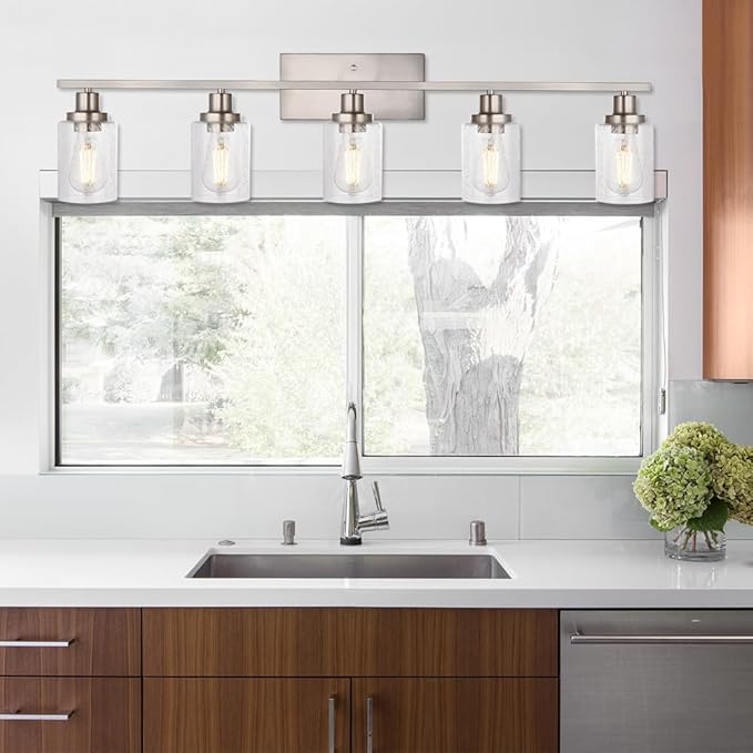 WINSHEN 40-Inches Length Bathroom Vanity Lighting Fixtures Over Mirror in Brushed Nickel, 5-Lights Industrial Sconce Wall Lamp with Seeded Glass Shades