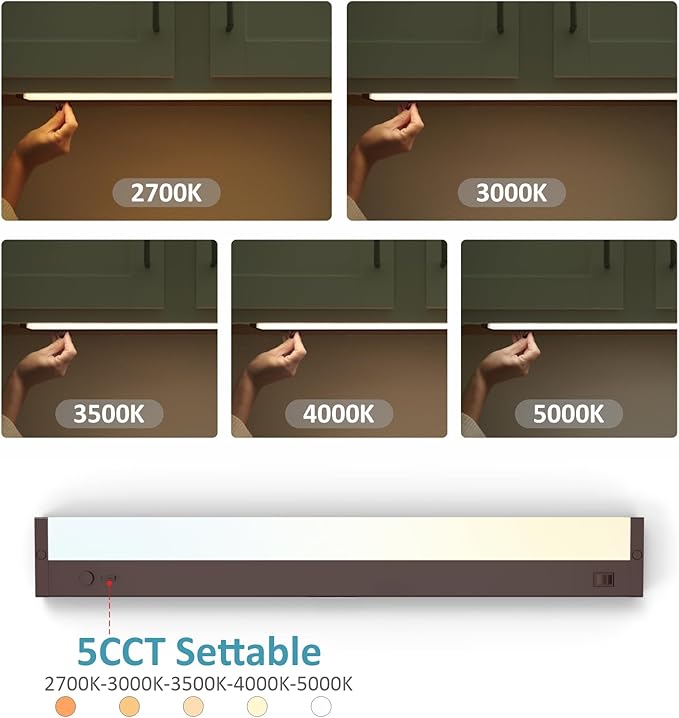Leetdud Under Cabinet Lights Plug in or Hardwired Built-in Dimmer, 16 Inch 8W, 5CCT 2700K-5000K, Linkable Undercounter Lighting for Kitchen, ETL Dimmable LED Undercabient Light Fixture, Bronze