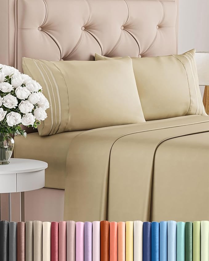 Full Size 4 Piece Sheet Set - Comfy Breathable & Cooling Bed Sheets Set - Hotel Luxury Bedding for Women, Men, Kids, Teens, Boys & Girls - Deep Pockets, Ultra-Soft and Wrinkle Free - Oeko-Tex - Beige