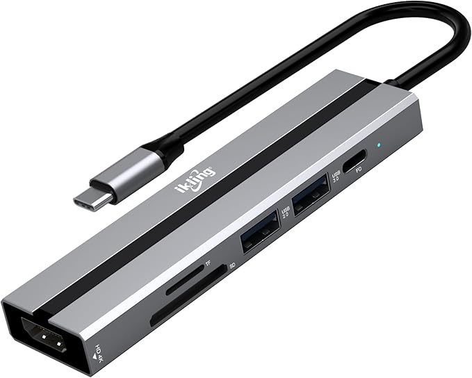 ikling USB c Hub, 6-in-1 with 4K HDMI, 60W PD, 2 USB-A Data Ports and SD/TF Card Reader, USB C Hub Multiport Adapter for MacBook Pro/Air, iPad Pro, iMac, Surface, Thinkpad, Galaxy, and More