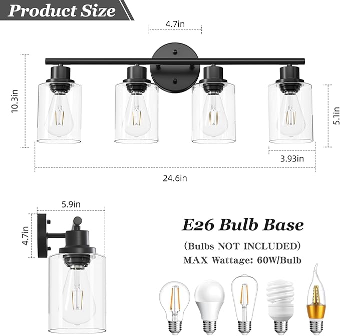Guliaofo 4-Light Black Bathroom Light Fixtures, E26 Modern Vanity Lights for Bathroom with Clear Glass Shade, Wall Lamps for Mirror Hallway Kitchen Cabinet Living Room Sconces Lights