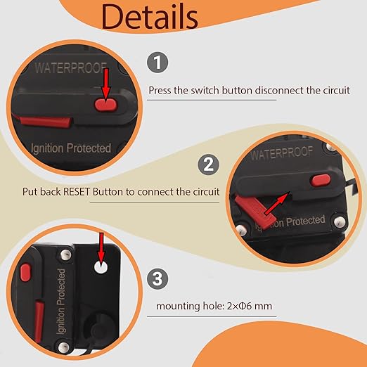 60 Amp Circuit Breaker with 6 AWG 1/4" Ring Terminal for Boat Trolling Motor Marine ATV Trailer Vehicles Stereo Audio Electronic Battery Solar System Inline Fuse Waterproof Manual Reset 12V-48V DC