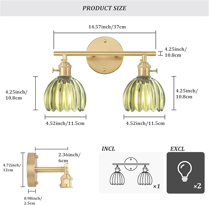Shenmoyl Bathroom Light Fixtures, 2-Light Brass Vanity Wall Light Over Mirror with Green Tulip Glass Shade for Bedroom Living Room (Bulb Not Included)