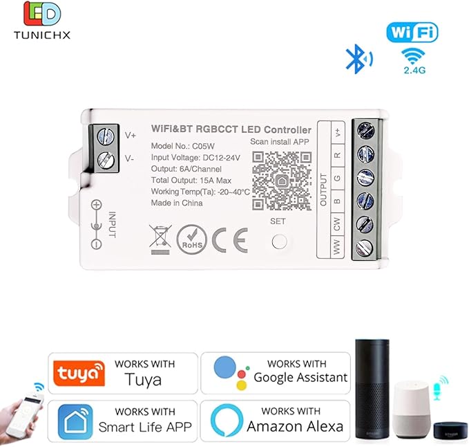 TUNICHX RGBCCT SMD FCOB 6 PIN LED Strip 2.4 GHz WiFi Group Controller Alexa Google Home Control Match with WR01RF LM091 B4 B8 FUT088 Mi-Boxer/Mi-Light RGBCCT Remote