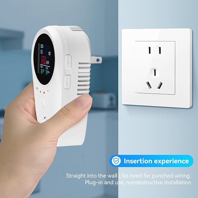 4PCS 5-in-1 Rechargeable Carbon Monoxide & Natural Gas Detectors with Temperature/Humidity LCD Display & 2000mAh Lithium-ion Battery, Portable Plug in Co Detector for Home Travel RV Essentials