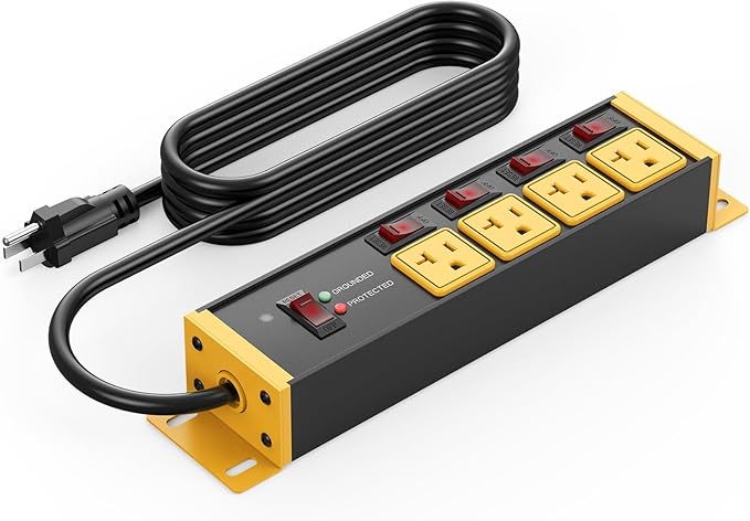 CCCEI Heavy Duty Surge Protector Power Strip 20 Amp Individual Switches. 12FT 12 Gauge Extension Cord with Multiple Outlets. Kitchen, Garage, Shop, Industrial Wall Mount Electric Extender, Yellow.
