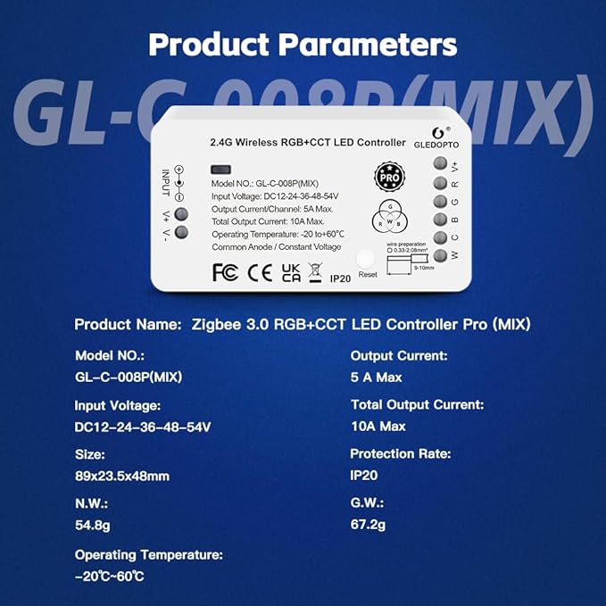 GLEDOPTO ZigBee 3.0 RGBCCT LED Strip Controller Pro RGB Color and Warm White Cold White Light Mix PWM Dimming Smart Phone App Voice Control Work with Hub Bridge (ZigBee Hub Required)