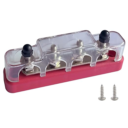 4 x #10 (M5) Studs Bus Bar, Ampper 4.2" Power Distribution Block Brass Battery BusBar Junction with Cover for Auto Boat Amplifier and More (Red)
