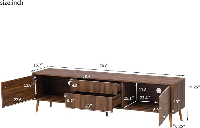 Merax Mid Century 70" TV Stand, Modern Entertainment Center for TVs up to 80", Media Console with Storage, 2 Cabinets & 2 Drawers for Living Room, Office