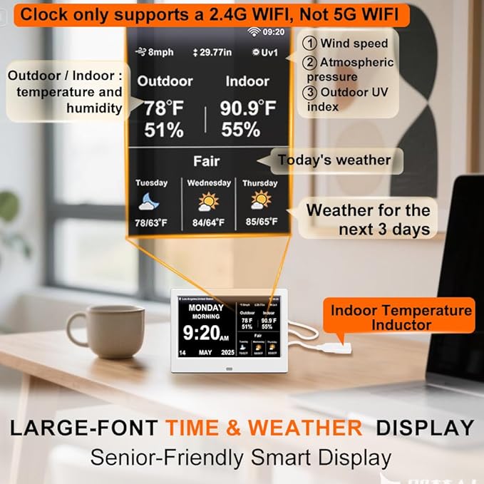 2025 Digital Clock with Weather Forecast & Temperature/Humidity Large Display,Auto Time Sync, Custom Alarms & Medication Reminders, Elderly Memory Loss (White, 7 Inch)