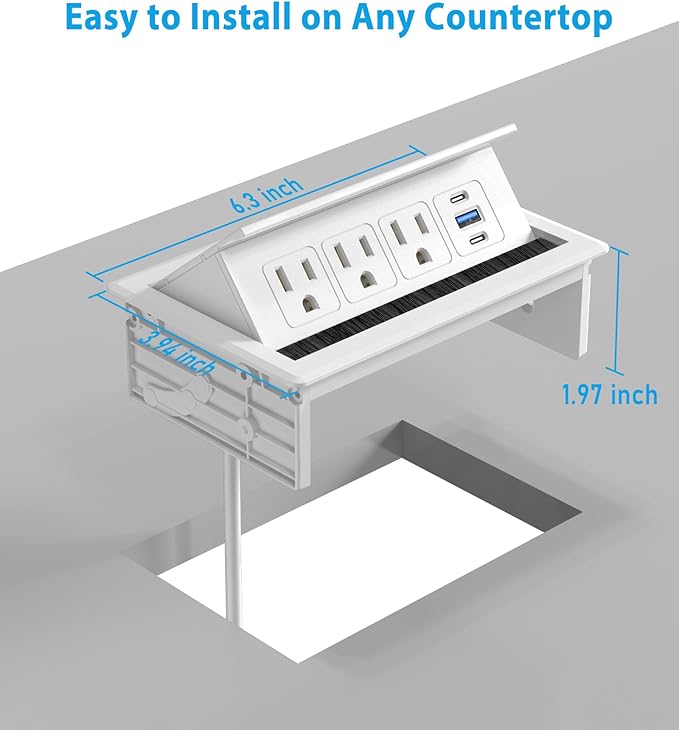 Recessed Conference Table Power Hub with 20W USB-C PD Fast Charging, Flush Mounted for Desks, Kitchens & RVs, 6FT Power Cord (White)