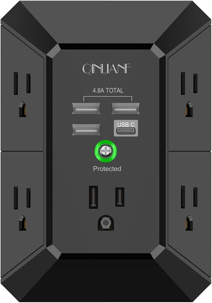USB Wall Charger, Surge Protector, QINLIANF 5 Outlet Extender with 4 USB Charging Ports (4.8A Total) 3-Sided 1680J Power Strip Multi Plug Outlets Wall Adapter Spaced for Home Travel Office, Black