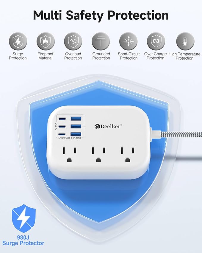Beeiker Short Extension Cord 2 Foot- 6 USB(3 USB C) Travel Power Strip with 24W USB Charging Station and 3 Outlets, 2ft Small Flat Plug Extension Cord Surge Protector for Travel Home College Dorm 13A